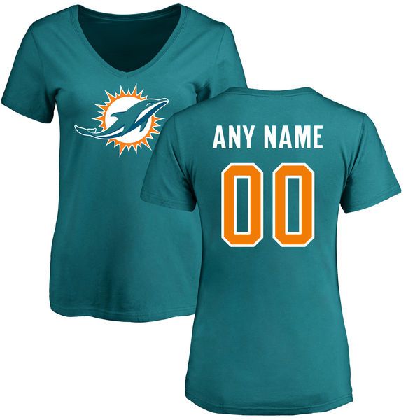 Women Miami Dolphins NFL Pro Line Aqua Custom Name and Number Logo Slim Fit T-Shirt->nfl t-shirts->Sports Accessory